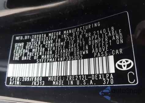 2022 Toyota Corolla Le z USA, uszkodzony, nr VIN 5YFEPMAE4NP305002